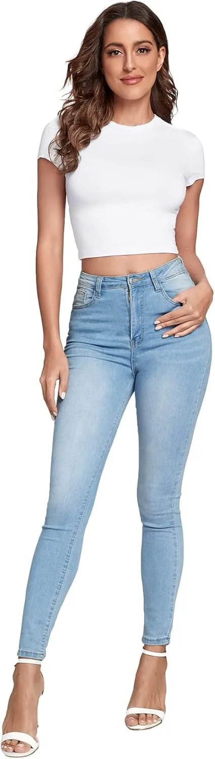 Verdusa Women's Casual Basic Cap Sleeve Slim Fitted Round Neck Crop Tee Top