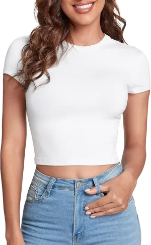 Verdusa Women's Casual Basic Cap Sleeve Slim Fitted Round Neck Crop Tee Top