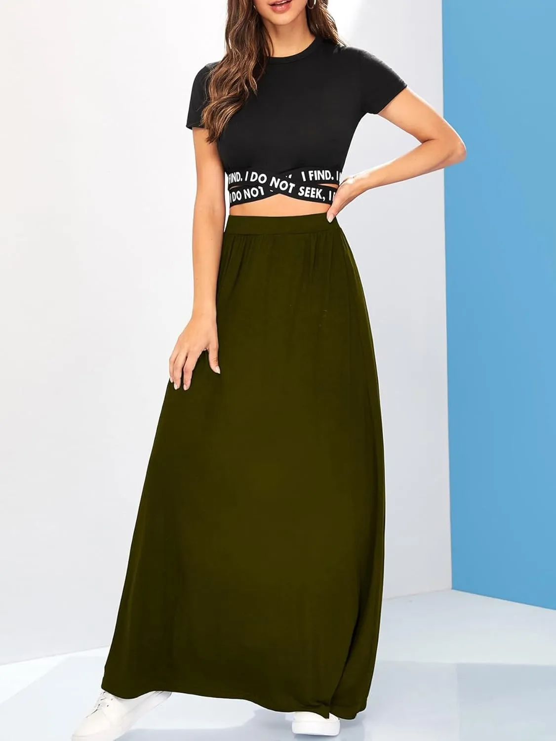 Verdusa Women's Casual Solid High Waist A Line Flowy Flare Long Maxi Skirt