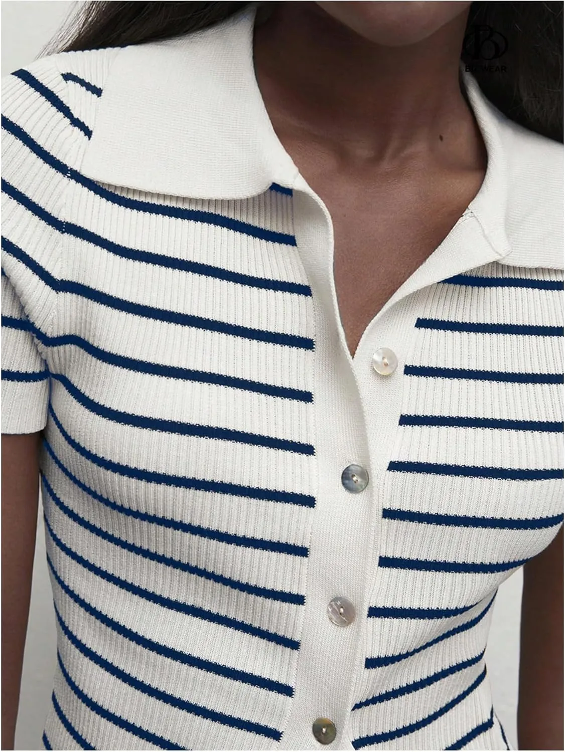 Verdusa Women's Striped Ribbed Knit Button Down Sweater Top Collar Short Sleeve Tee
