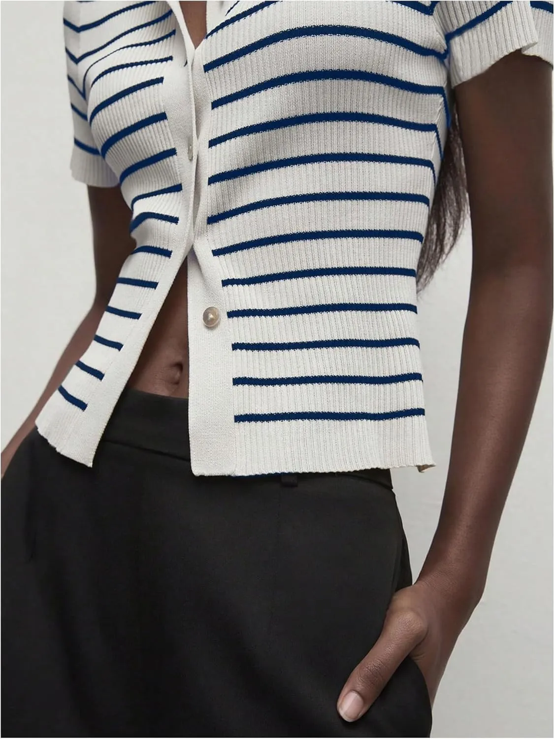 Verdusa Women's Striped Ribbed Knit Button Down Sweater Top Collar Short Sleeve Tee