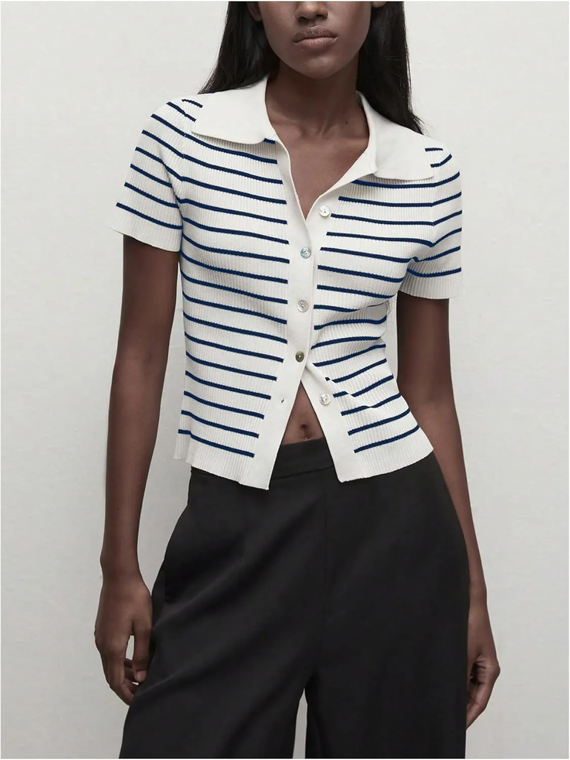 Verdusa Women's Striped Ribbed Knit Button Down Sweater Top Collar Short Sleeve Tee