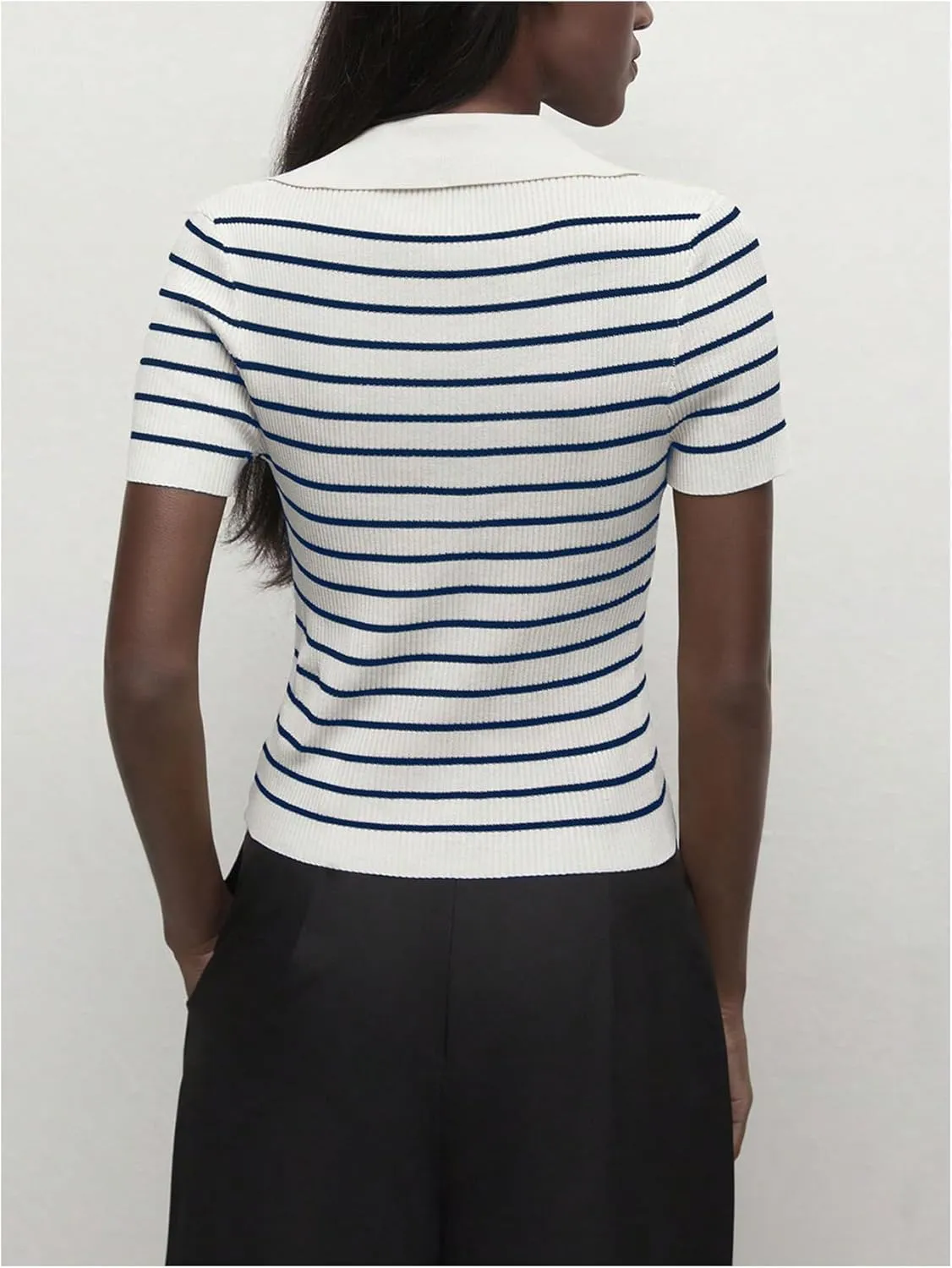 Verdusa Women's Striped Ribbed Knit Button Down Sweater Top Collar Short Sleeve Tee