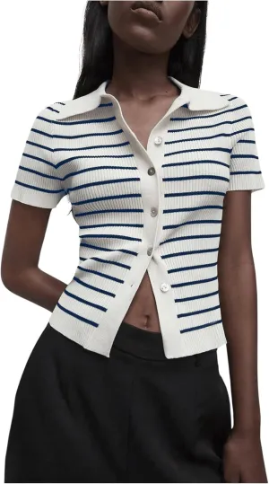 Verdusa Women's Striped Ribbed Knit Button Down Sweater Top Collar Short Sleeve Tee
