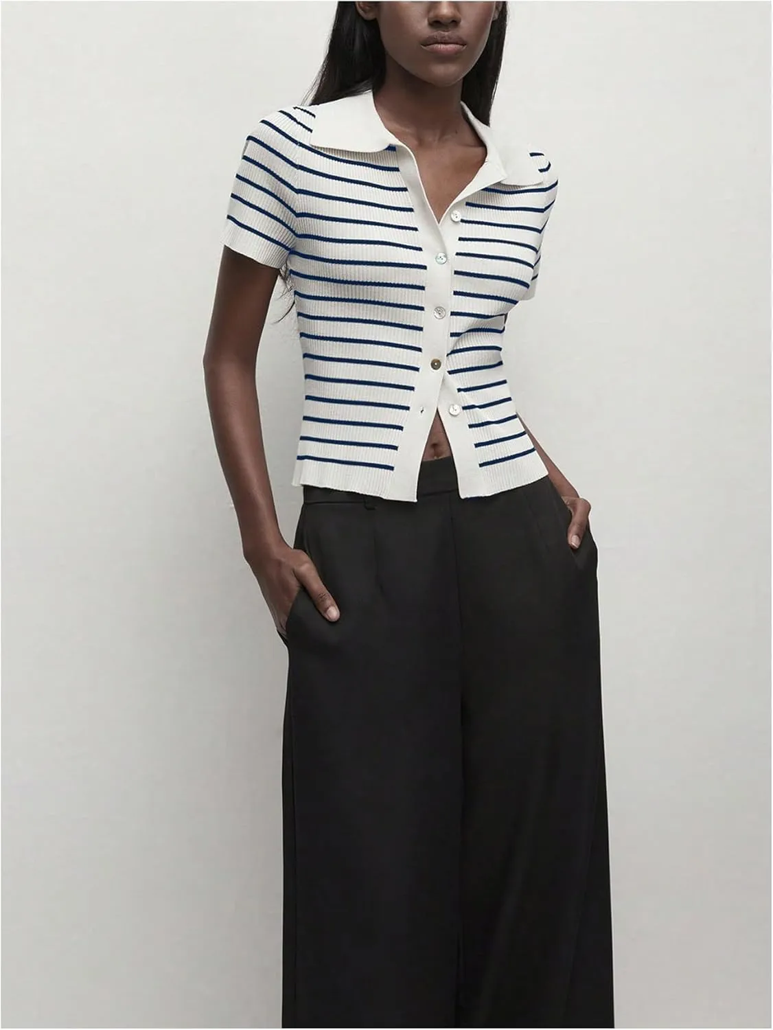 Verdusa Women's Striped Ribbed Knit Button Down Sweater Top Collar Short Sleeve Tee