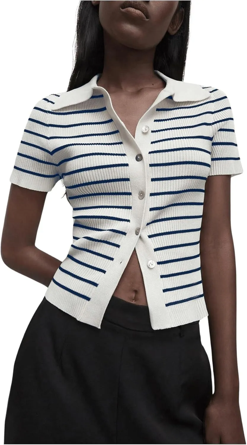 Verdusa Women's Striped Ribbed Knit Button Down Sweater Top Collar Short Sleeve Tee