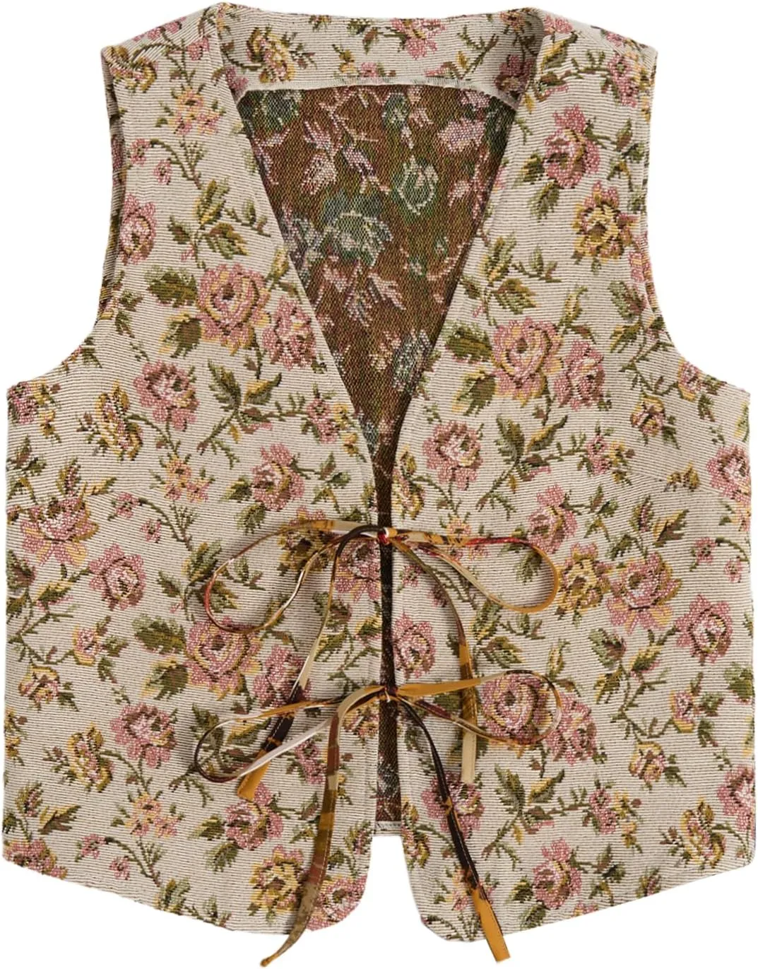 Verdusa Women's Vintage Floral Print Bow Tie Cowgirl Vest V Neck Sleeveless Jacket Outerwear