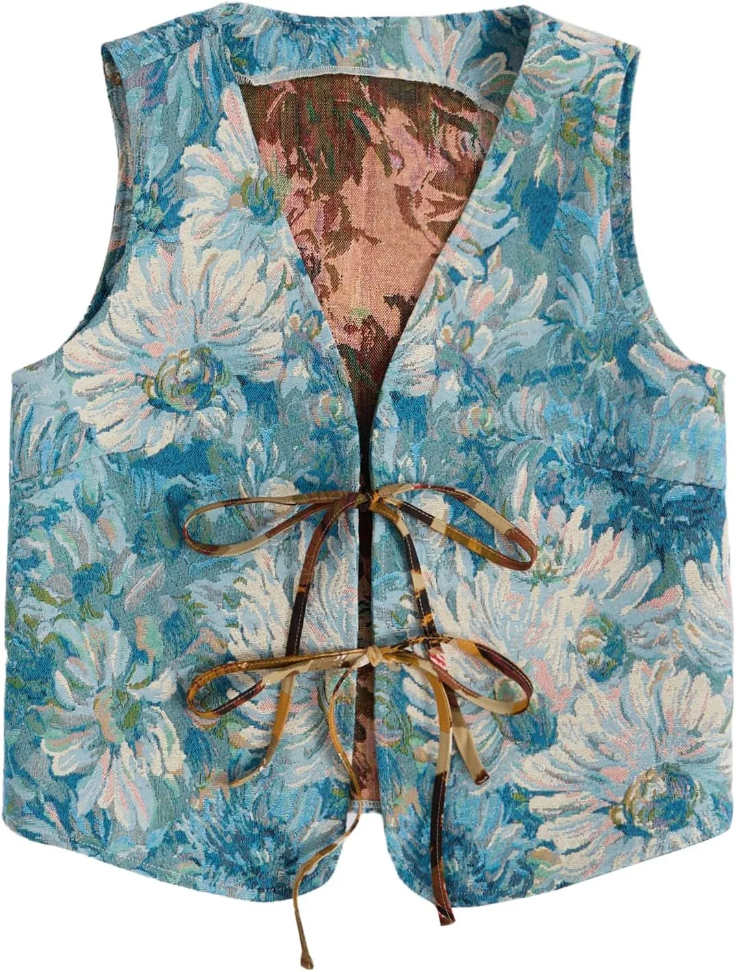 Verdusa Women's Vintage Floral Print Bow Tie Cowgirl Vest V Neck Sleeveless Jacket Outerwear