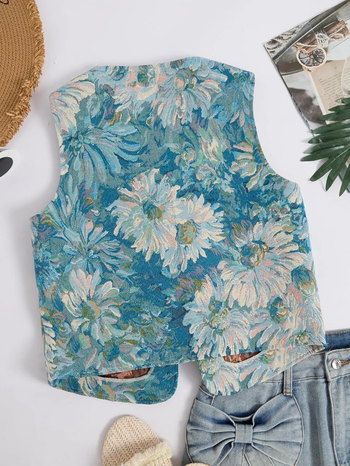 Verdusa Women's Vintage Floral Print Bow Tie Cowgirl Vest V Neck Sleeveless Jacket Outerwear