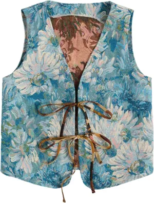 Verdusa Women's Vintage Floral Print Bow Tie Cowgirl Vest V Neck Sleeveless Jacket Outerwear