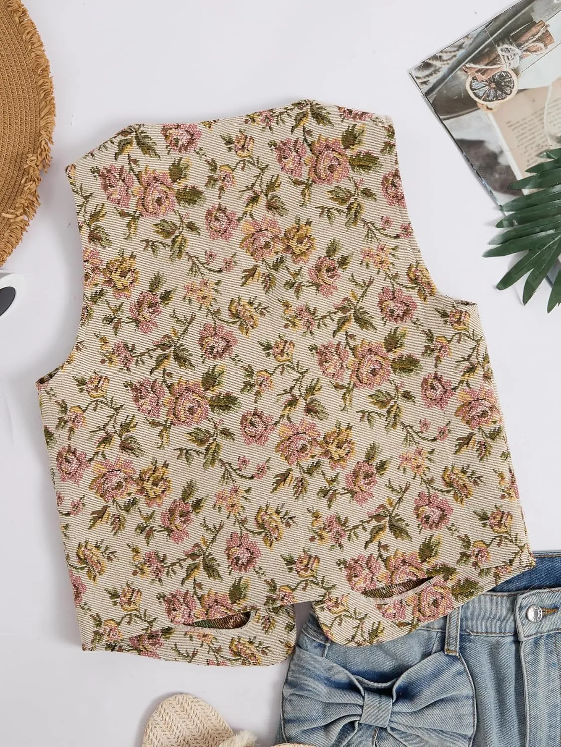Verdusa Women's Vintage Floral Print Bow Tie Cowgirl Vest V Neck Sleeveless Jacket Outerwear