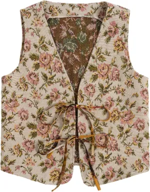 Verdusa Women's Vintage Floral Print Bow Tie Cowgirl Vest V Neck Sleeveless Jacket Outerwear