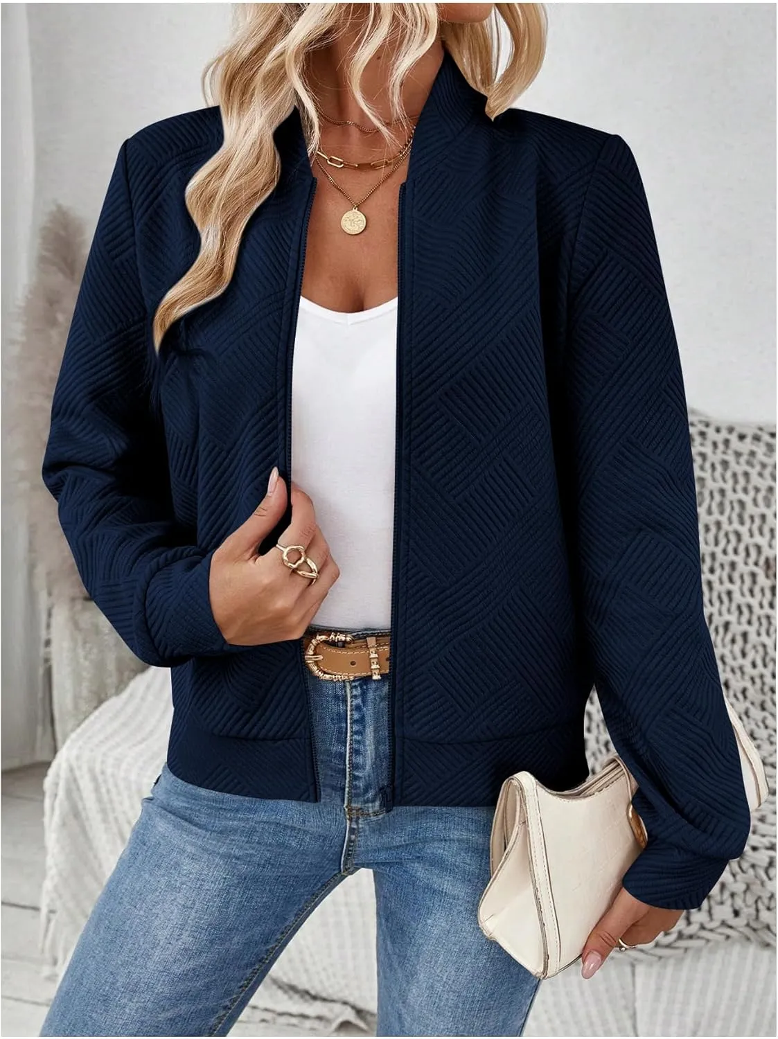 Verdusa Women's Zip Up Textured Bomber Jacket Casual Long Sleeve Outerwear