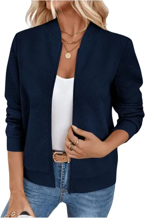 Verdusa Women's Zip Up Textured Bomber Jacket Casual Long Sleeve Outerwear