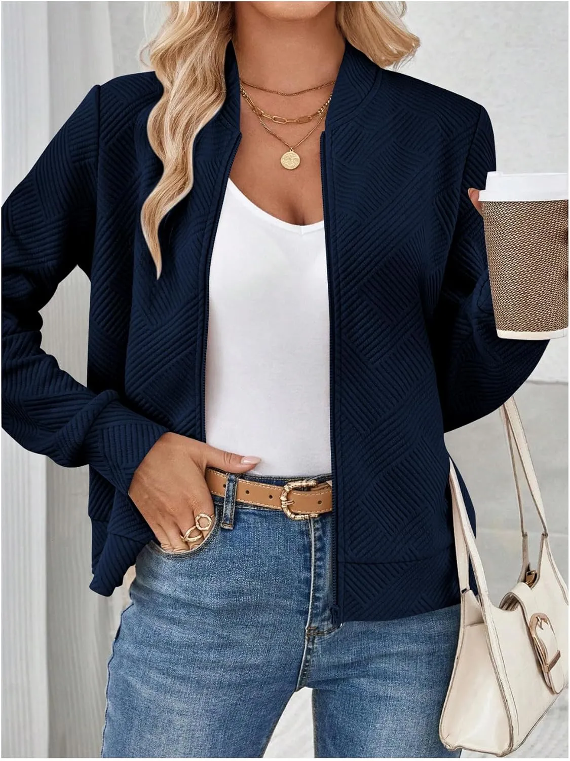 Verdusa Women's Zip Up Textured Bomber Jacket Casual Long Sleeve Outerwear