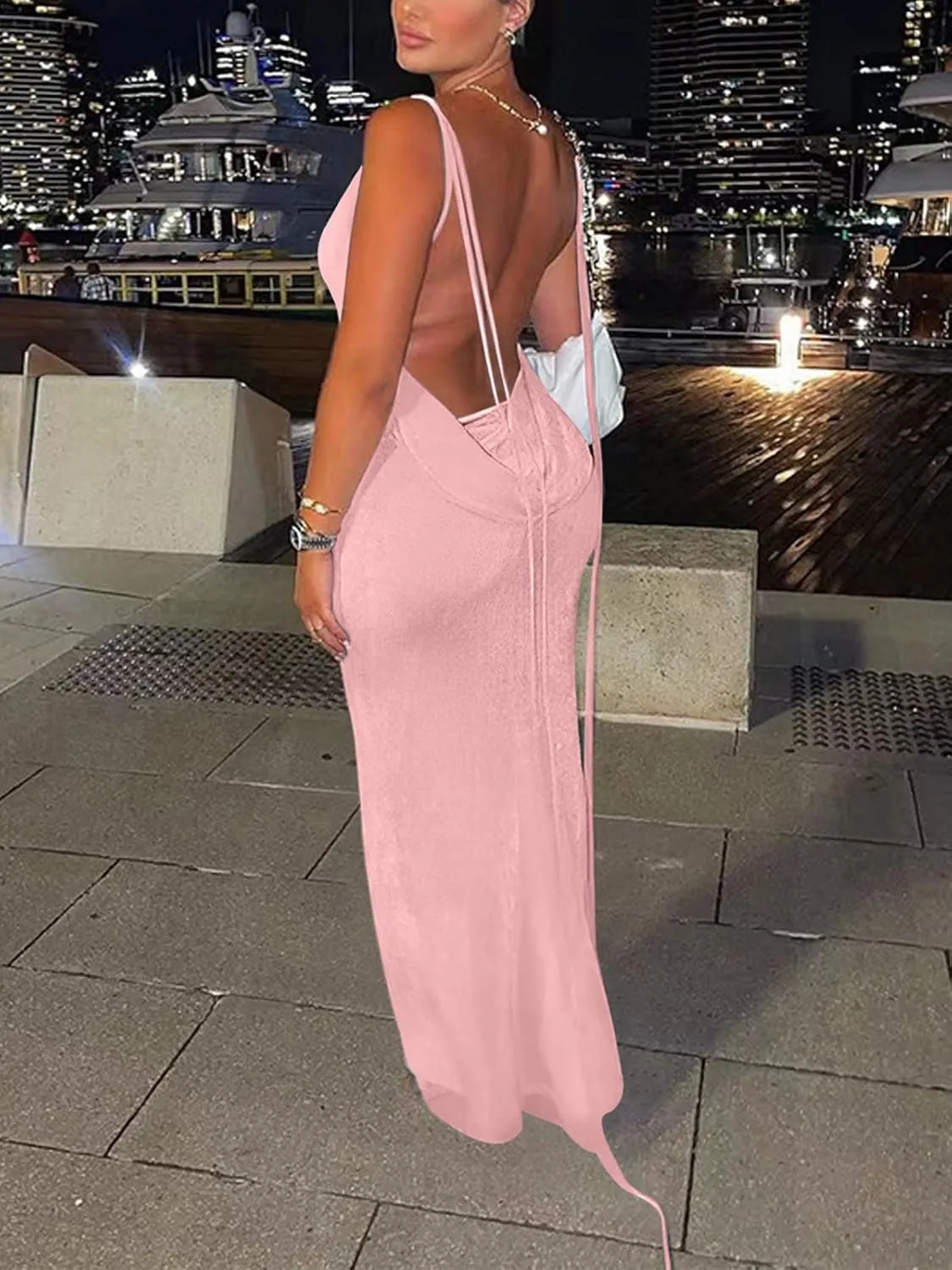 Vssjavun Womens Summer Spaghetti Strap Sexy Sleeveless Backless Bodycon Party Club Cocktail Dress