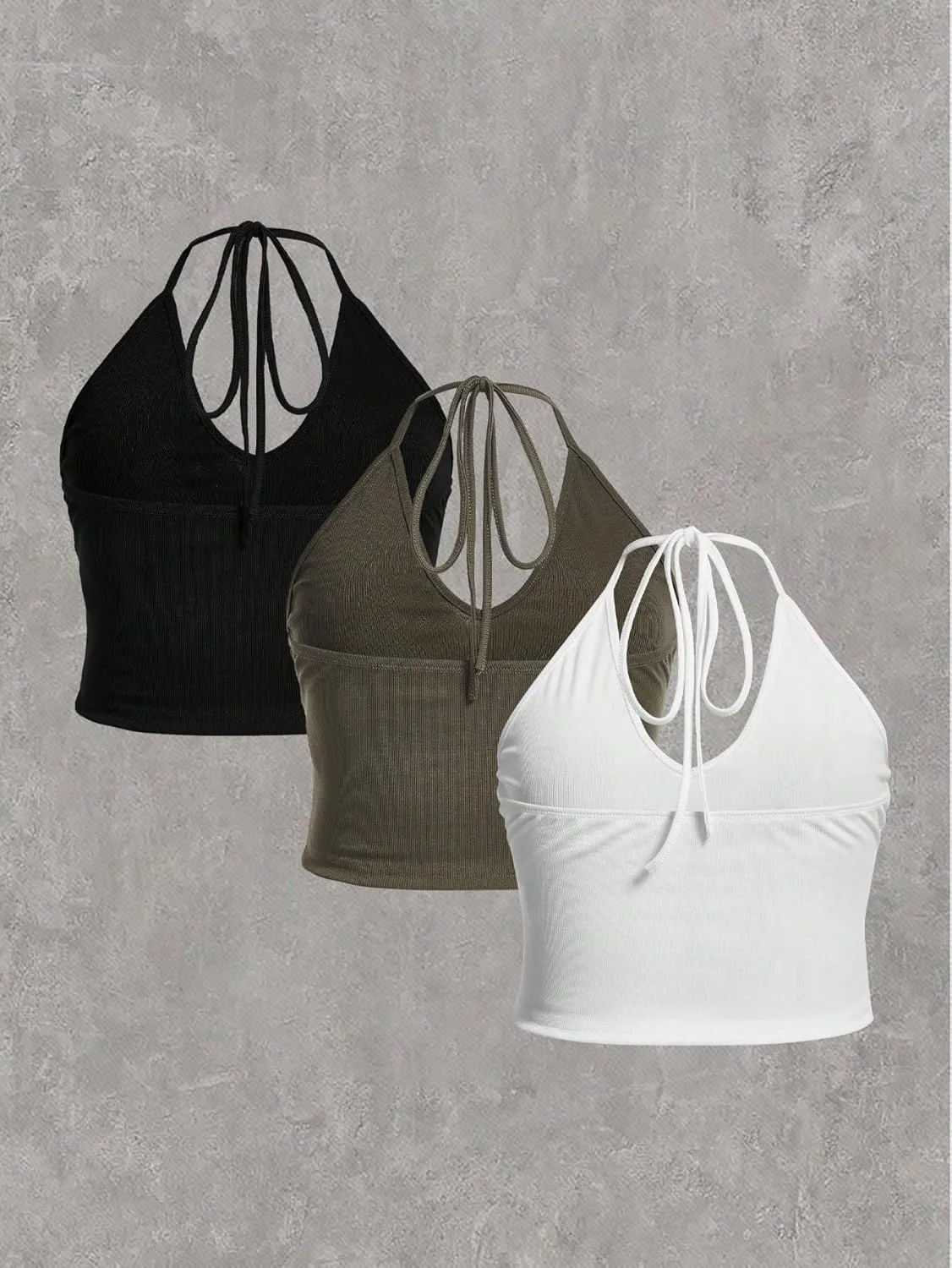 WDIRARA Women's Plus Size 3pcs Solid Halter Tank Tops Slim Fit Crop Tee