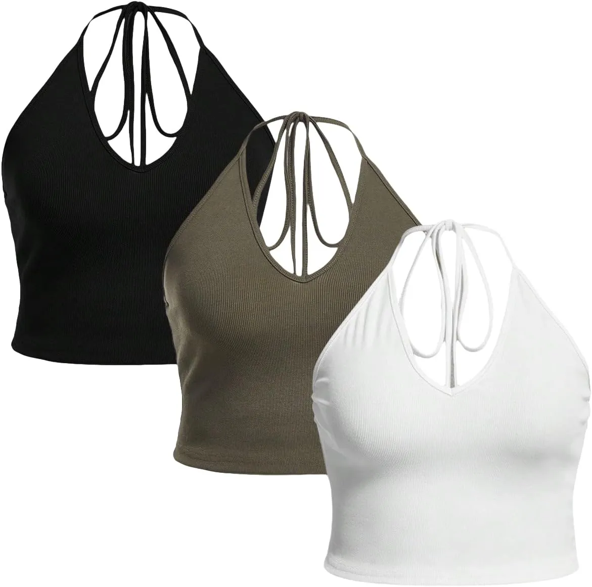 WDIRARA Women's Plus Size 3pcs Solid Halter Tank Tops Slim Fit Crop Tee