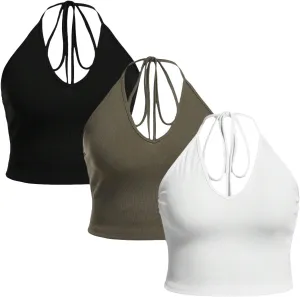 WDIRARA Women's Plus Size 3pcs Solid Halter Tank Tops Slim Fit Crop Tee