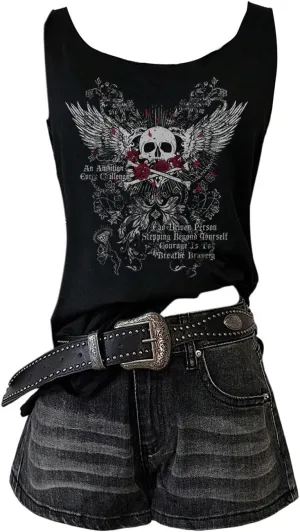 WDIRARA Women's Skull Graphic Tank Top Scoop Neck Sleeveless Tee Gothic Punk Tops