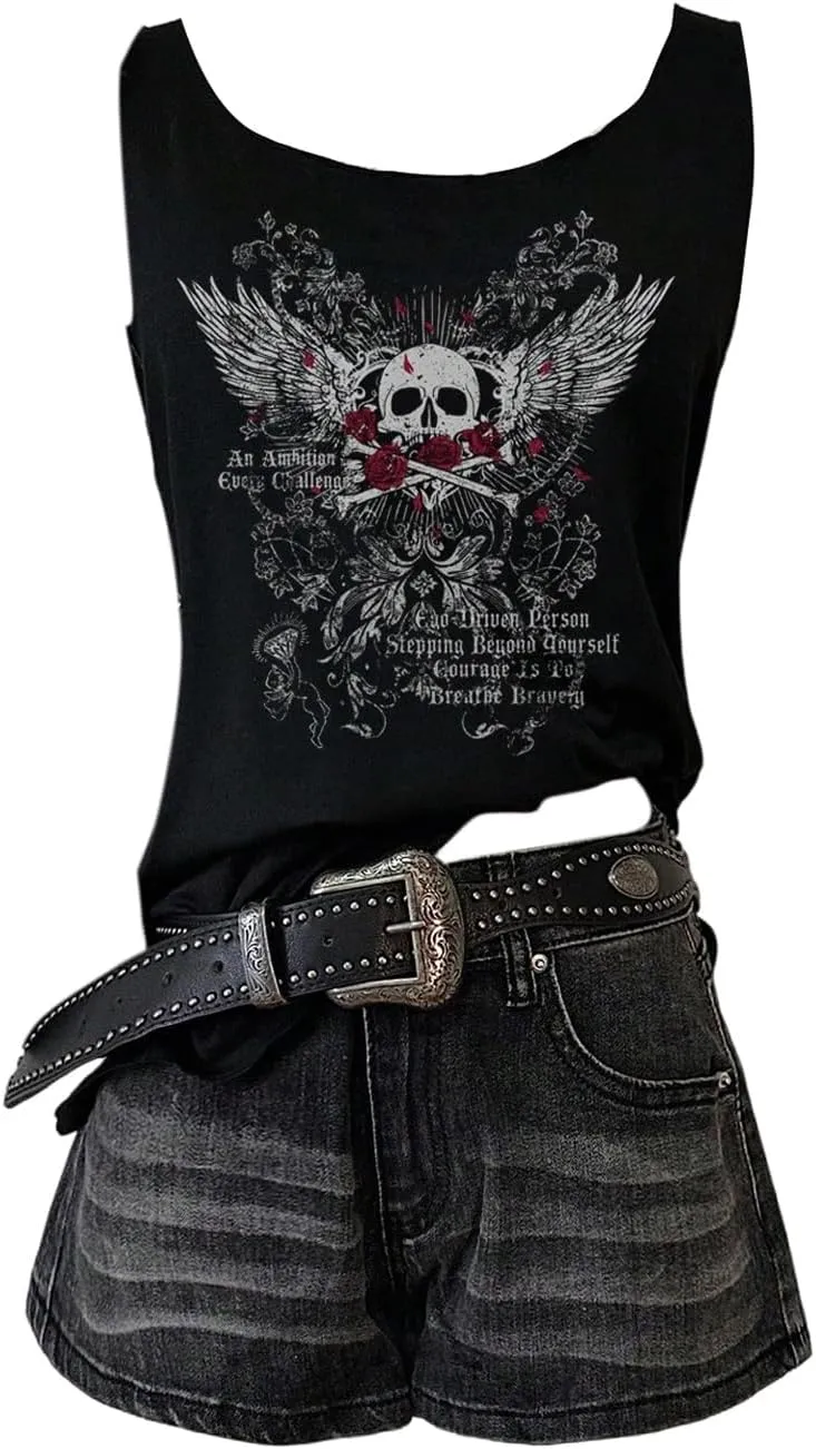 WDIRARA Women's Skull Graphic Tank Top Scoop Neck Sleeveless Tee Gothic Punk Tops