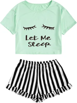 WDIRARA Women's Sleepwear Closed Eyes Print Tee and Striped Shorts Cute Pajama Set