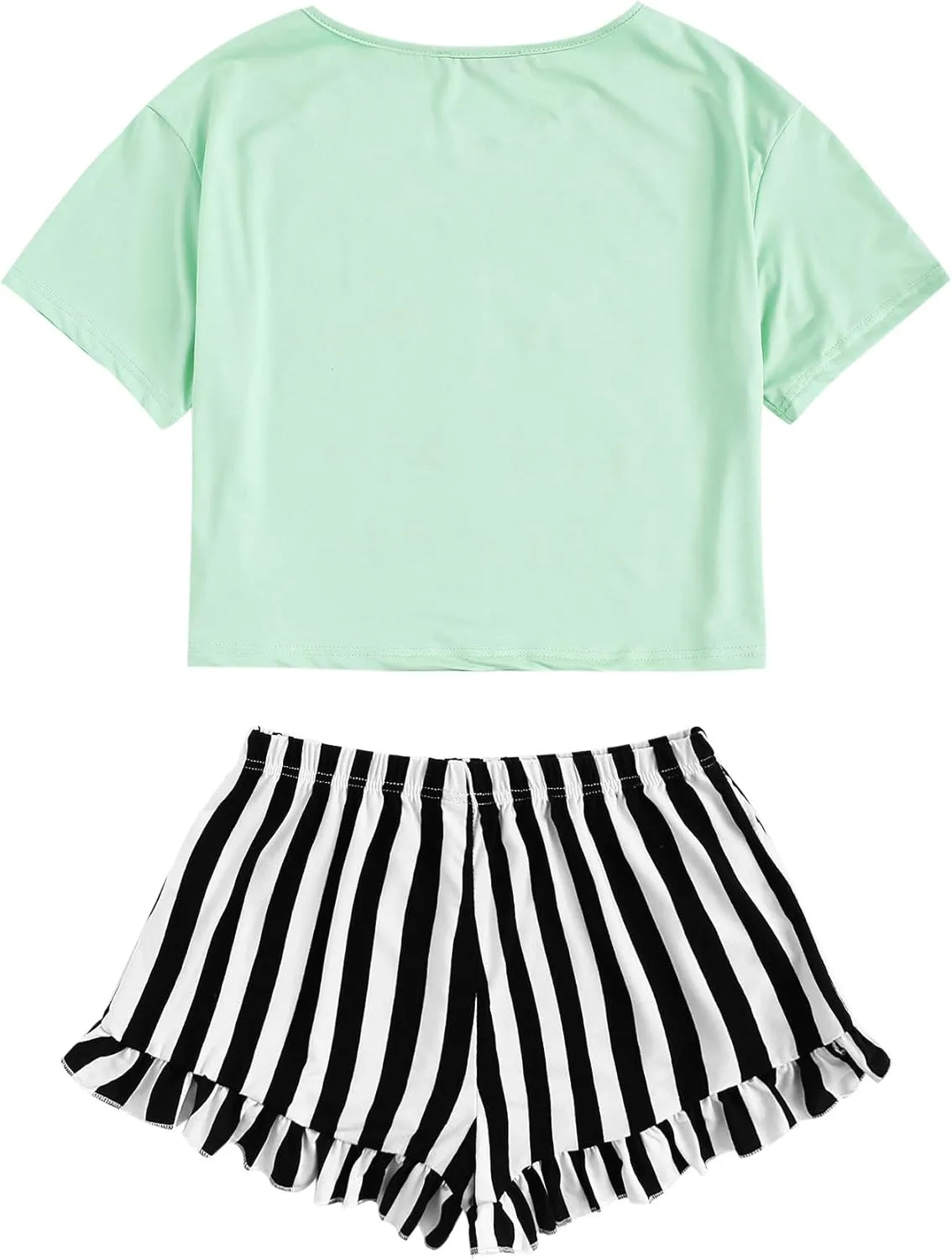WDIRARA Women's Sleepwear Closed Eyes Print Tee and Striped Shorts Cute Pajama Set