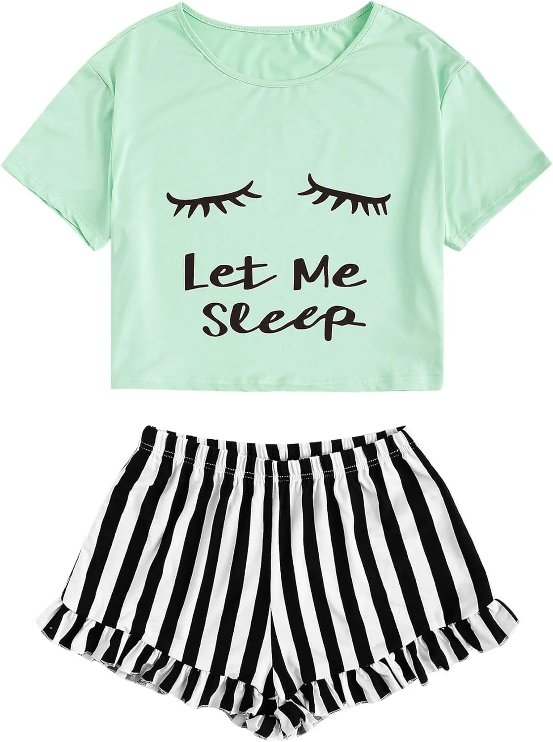 WDIRARA Women's Sleepwear Closed Eyes Print Tee and Striped Shorts Cute Pajama Set