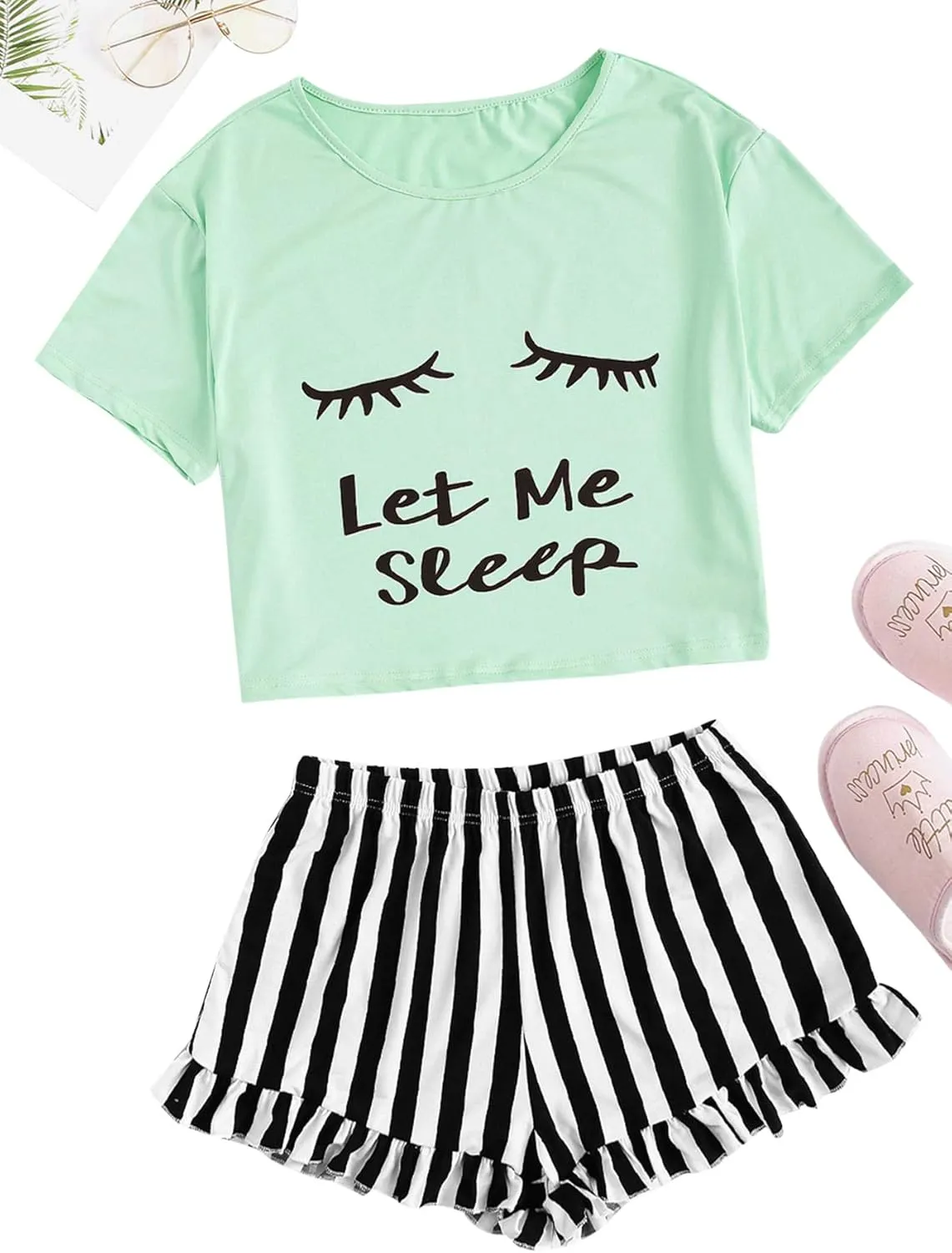 WDIRARA Women's Sleepwear Closed Eyes Print Tee and Striped Shorts Cute Pajama Set