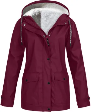 Windbreaker Jacket Women Fleece Lined Long Hooded Rain Coats Outdoor Raincoat Waterproof Lightweight Trench Raincoat