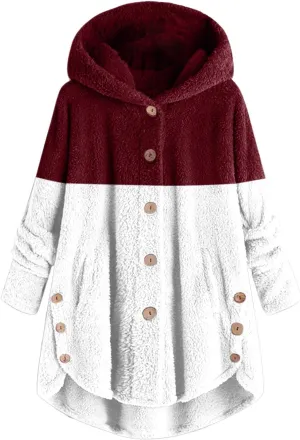Winter Coats for Women Button Hem Plus Size Hoodie Top Sweater Blouse Color Block Patchwork Cardigan Coats Womens