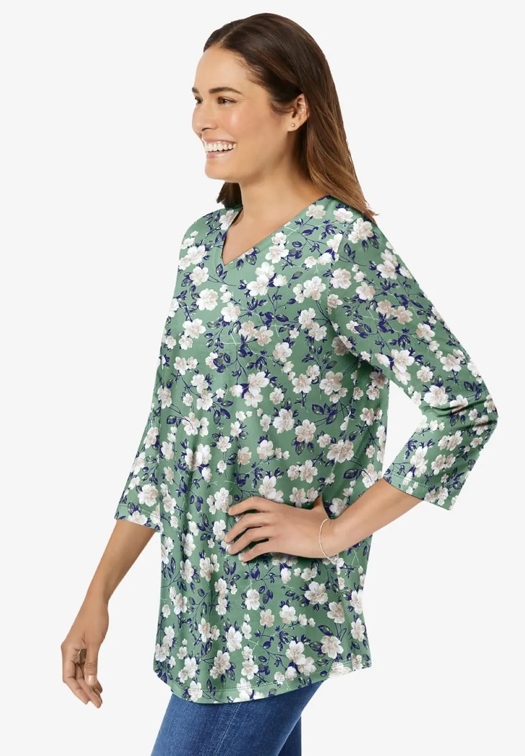 Woman Within Women's Plus Size Perfect Printed Three-Quarter Sleeve V-Neck Tee