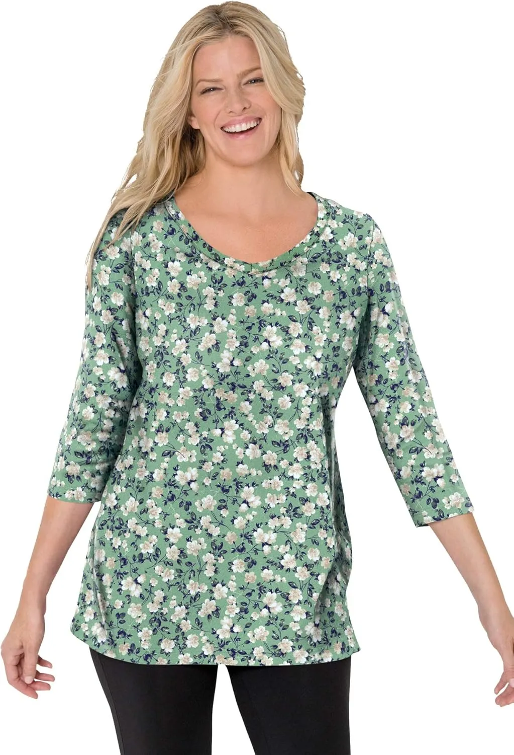 Woman Within Women's Plus Size Perfect Printed Three-Quarter Sleeve V-Neck Tee