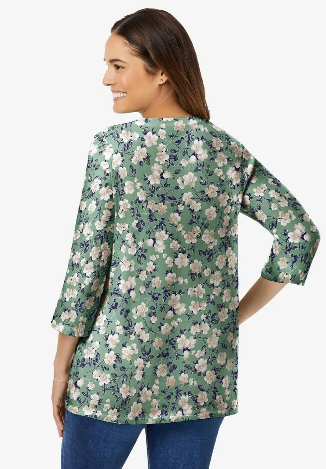 Woman Within Women's Plus Size Perfect Printed Three-Quarter Sleeve V-Neck Tee