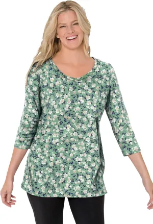 Woman Within Women's Plus Size Perfect Printed Three-Quarter Sleeve V-Neck Tee