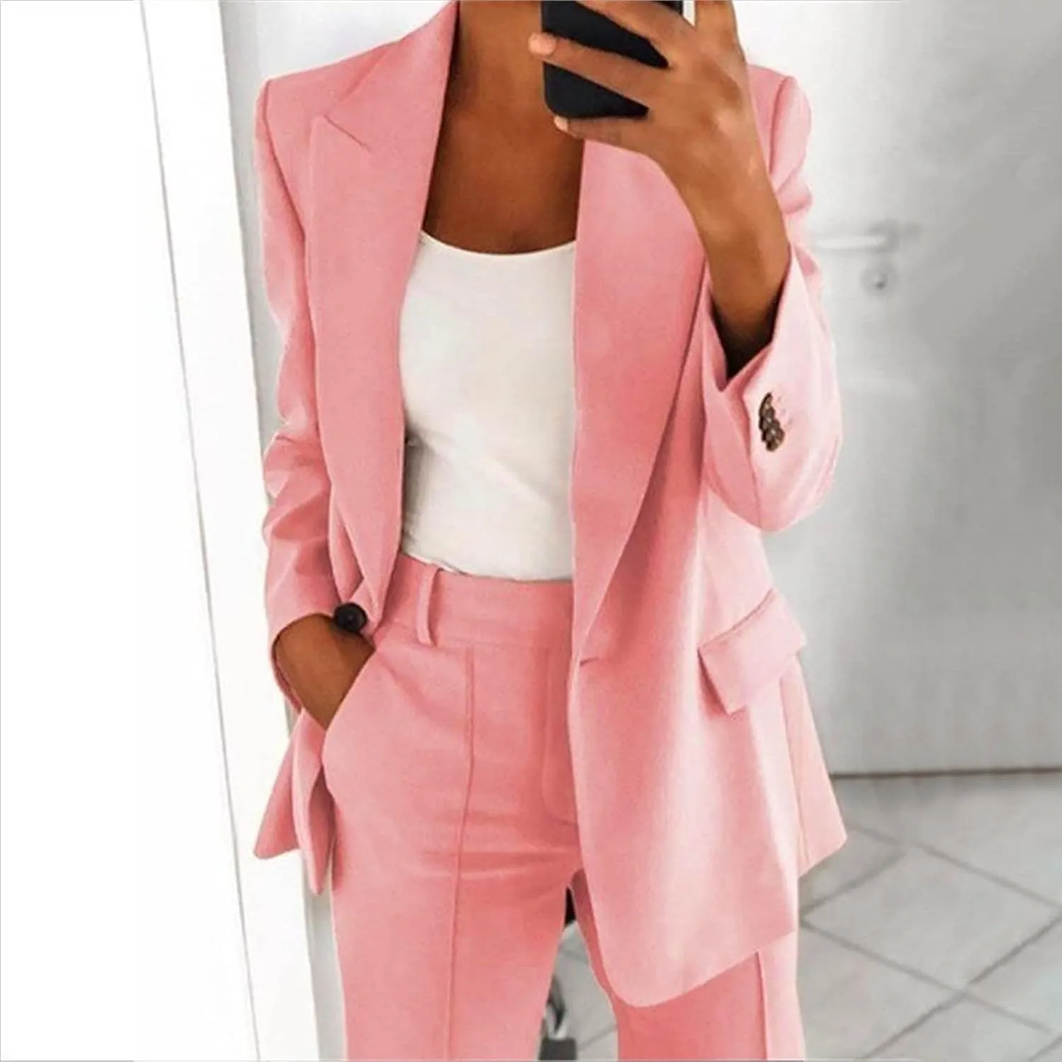 Women 2 Piece Plus Size Casual Blazers Open Front Long Sleeve Button Jackets and Pants Office Business Work Suit Set