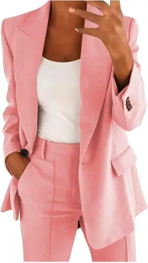Women 2 Piece Plus Size Casual Blazers Open Front Long Sleeve Button Jackets and Pants Office Business Work Suit Set
