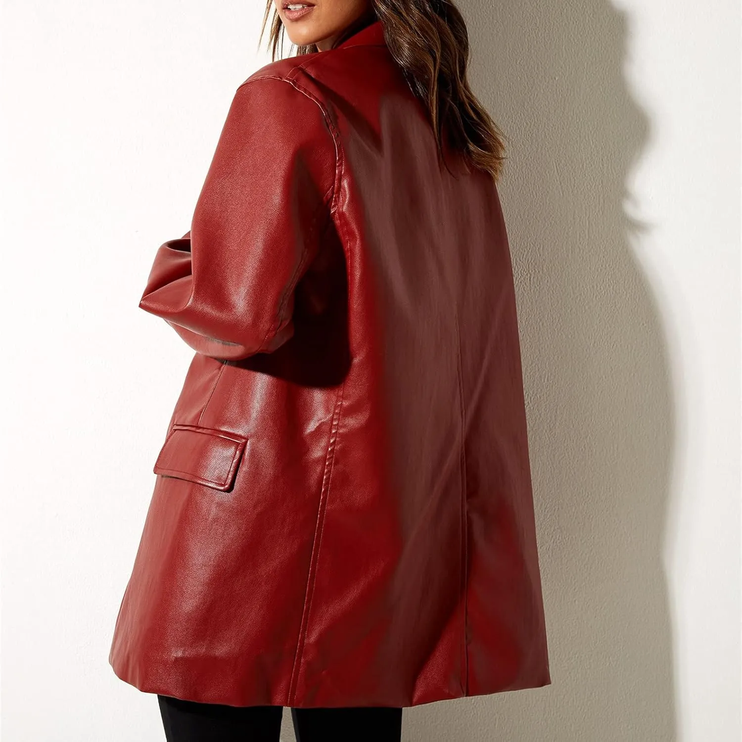 Women Casual Faux Leather Blazer Long Sleeve Button Down Y2K PU Leather Jacket with Pocket