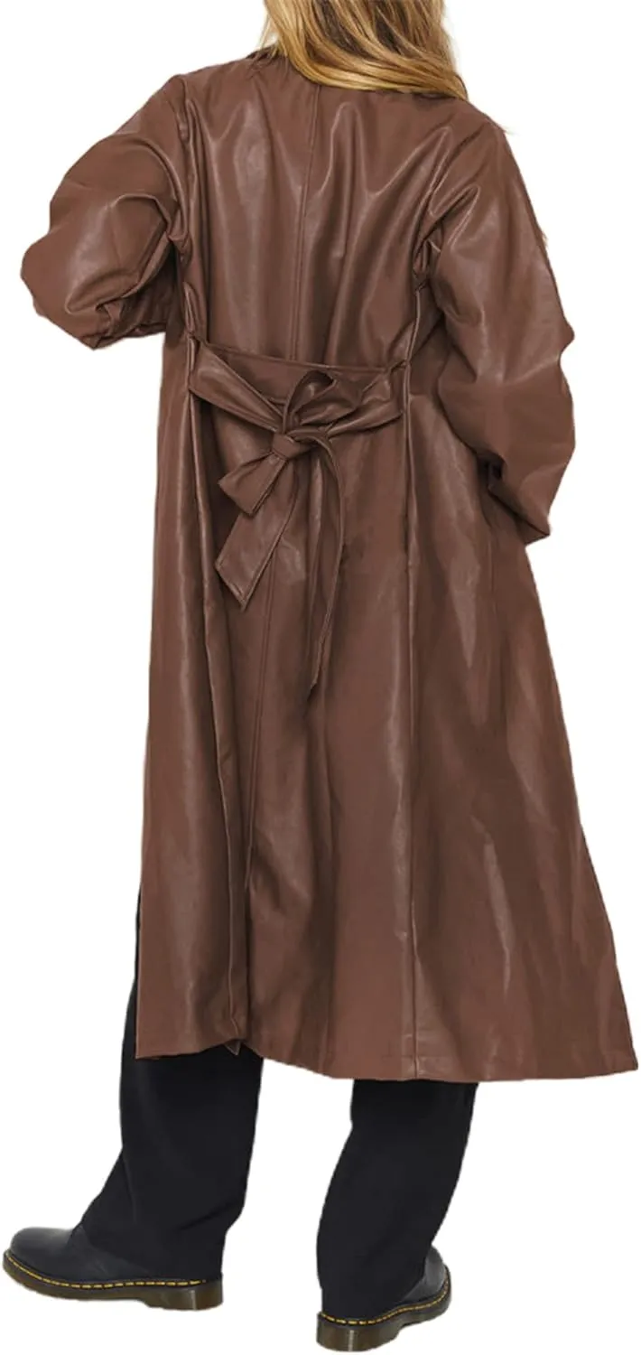 Women Casual Faux Leather Blazer Long Sleeve Button Down Y2K PU Leather Jacket with Pocket