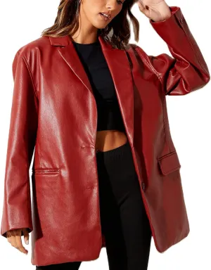 Women Casual Faux Leather Blazer Long Sleeve Button Down Y2K PU Leather Jacket with Pocket