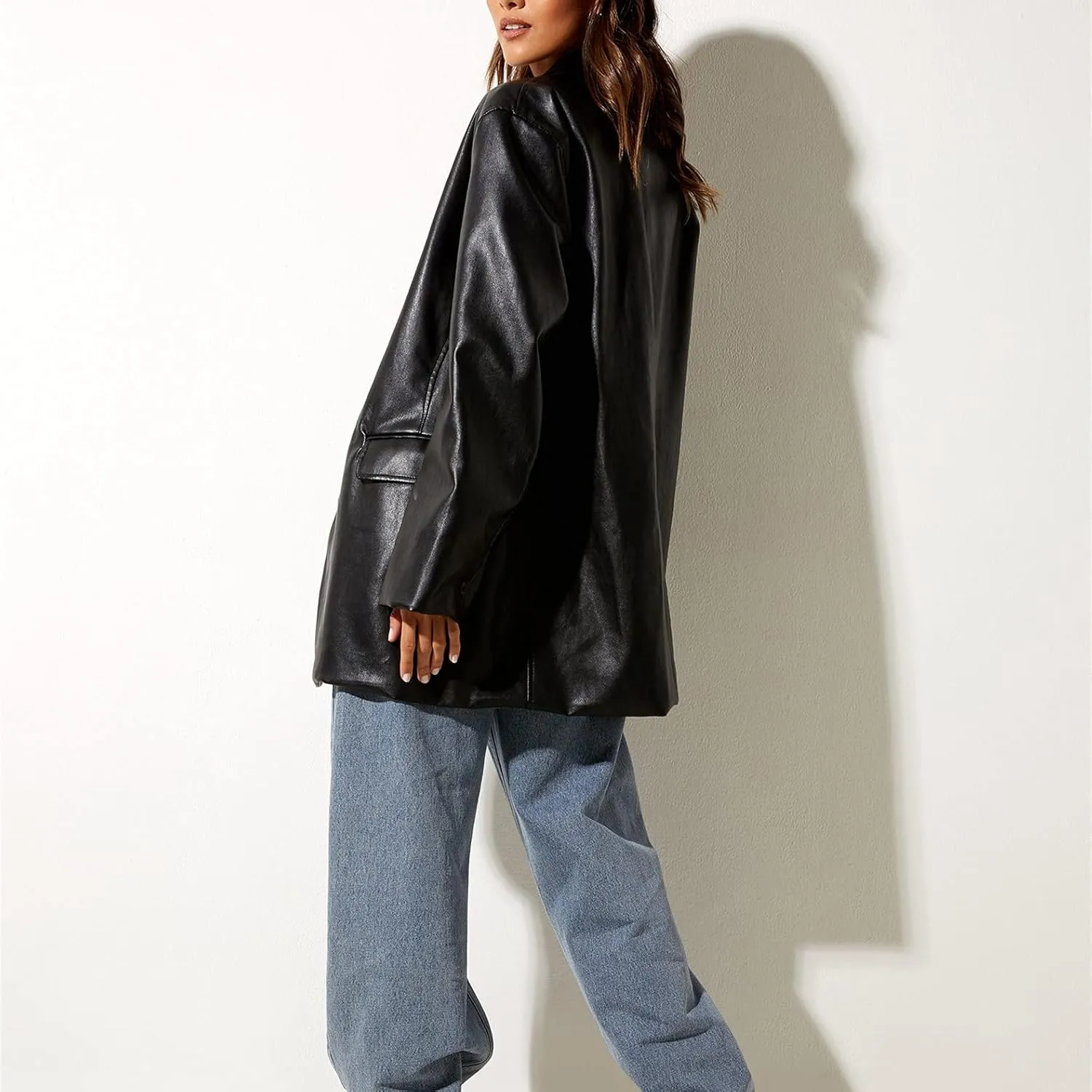 Women Casual Faux Leather Blazer Long Sleeve Button Down Y2K PU Leather Jacket with Pocket