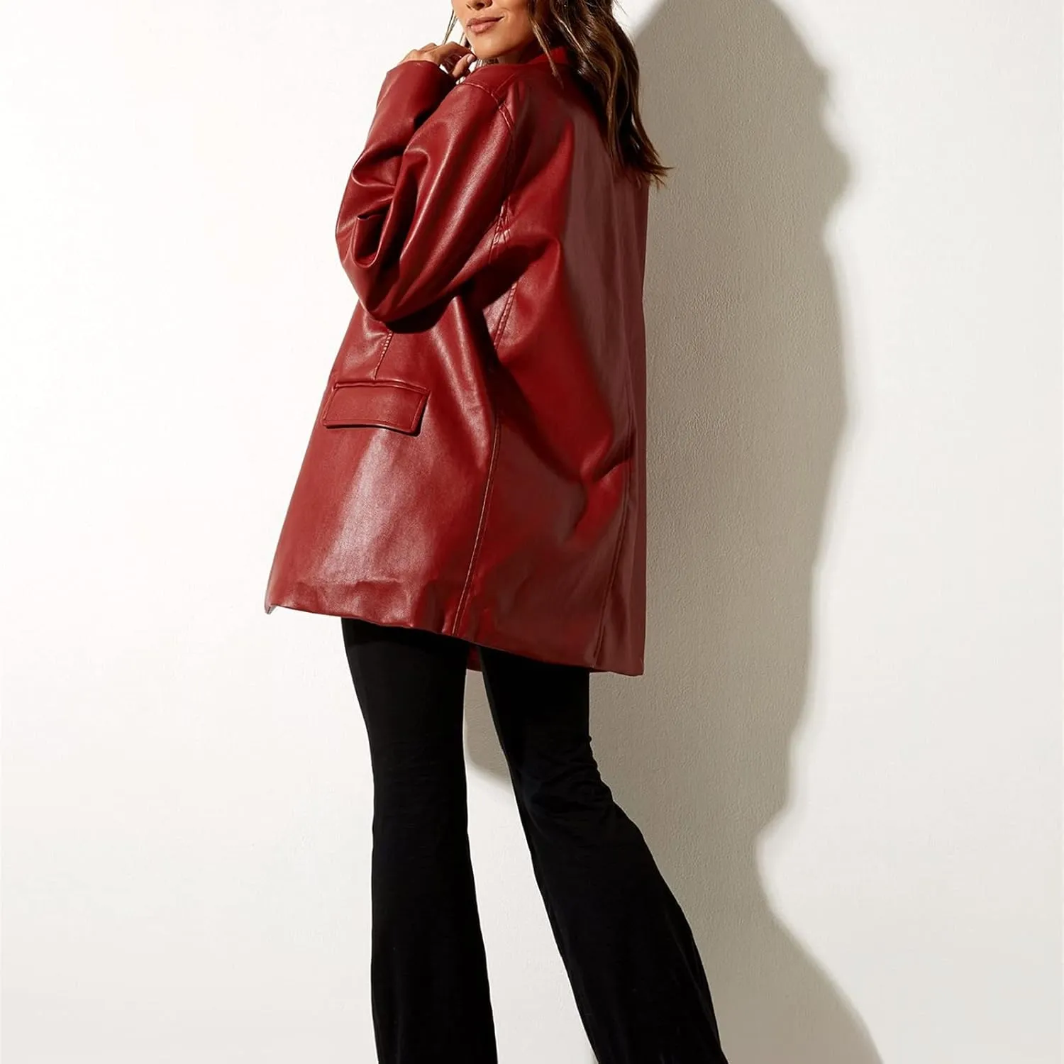 Women Casual Faux Leather Blazer Long Sleeve Button Down Y2K PU Leather Jacket with Pocket