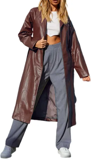 Women Casual Faux Leather Blazer Long Sleeve Button Down Y2K PU Leather Jacket with Pocket