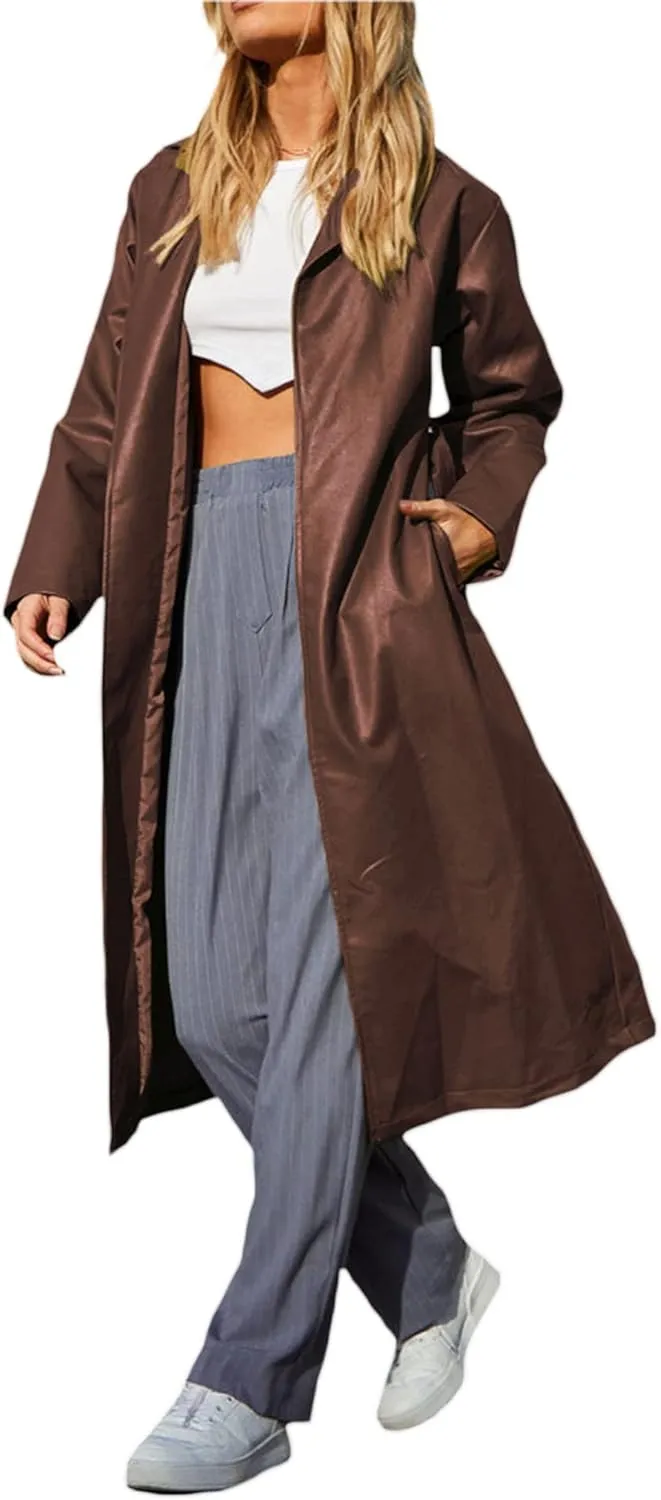 Women Casual Faux Leather Blazer Long Sleeve Button Down Y2K PU Leather Jacket with Pocket