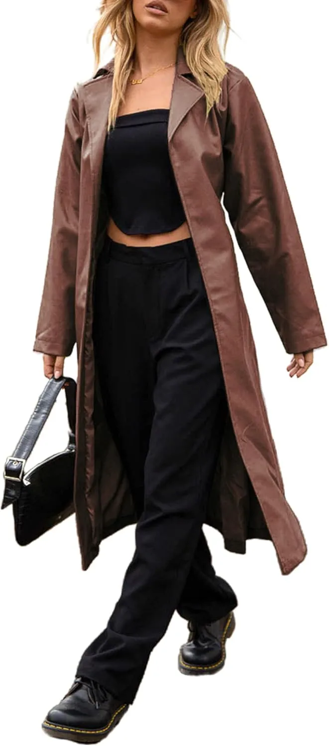 Women Casual Faux Leather Blazer Long Sleeve Button Down Y2K PU Leather Jacket with Pocket