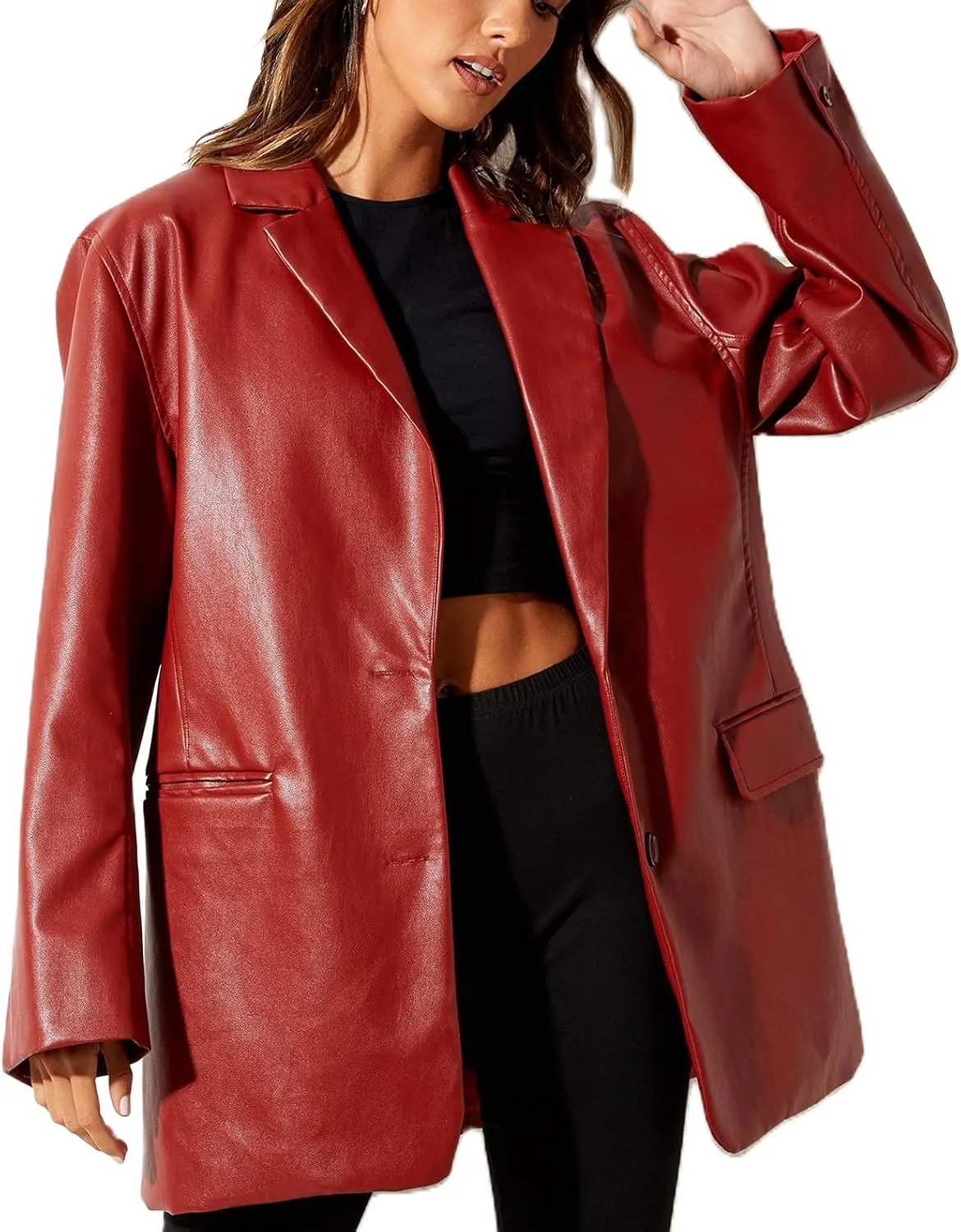 Women Casual Faux Leather Blazer Long Sleeve Button Down Y2K PU Leather Jacket with Pocket