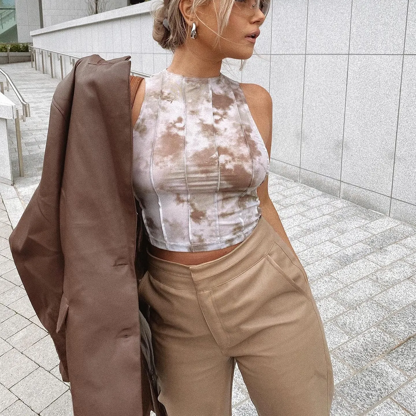 Women Casual Faux Leather Blazer Long Sleeve Button Down Y2K PU Leather Jacket with Pocket
