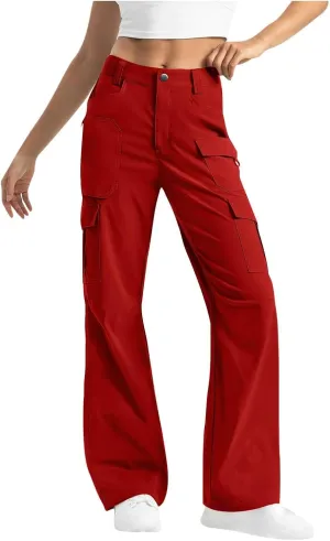 Women Dressy Cargo Pants Button High Waist Wide Leg Work Pant Lightweight Casual Outdoor Hiking Trouser with Pockets
