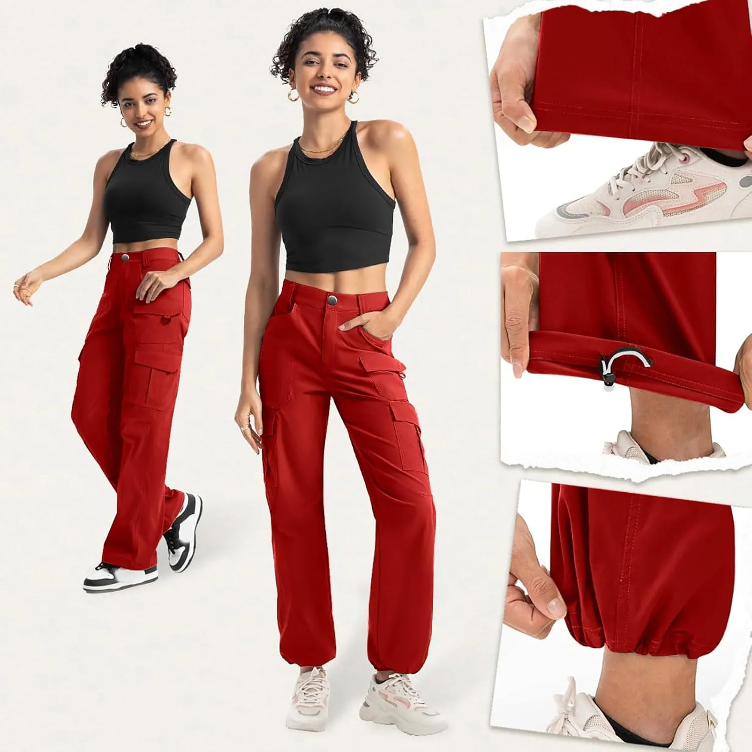 Women Dressy Cargo Pants Button High Waist Wide Leg Work Pant Lightweight Casual Outdoor Hiking Trouser with Pockets