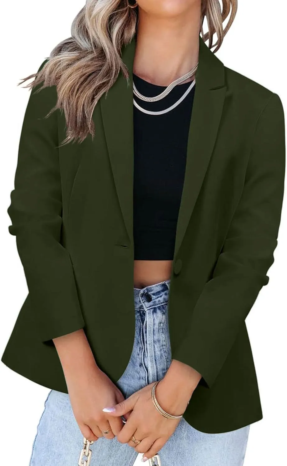 Women Fashion Button Down Blazer Suit Solid Long Sleeve Lapel Cardigan Blazer Business Casual Loose Jacket Coat
